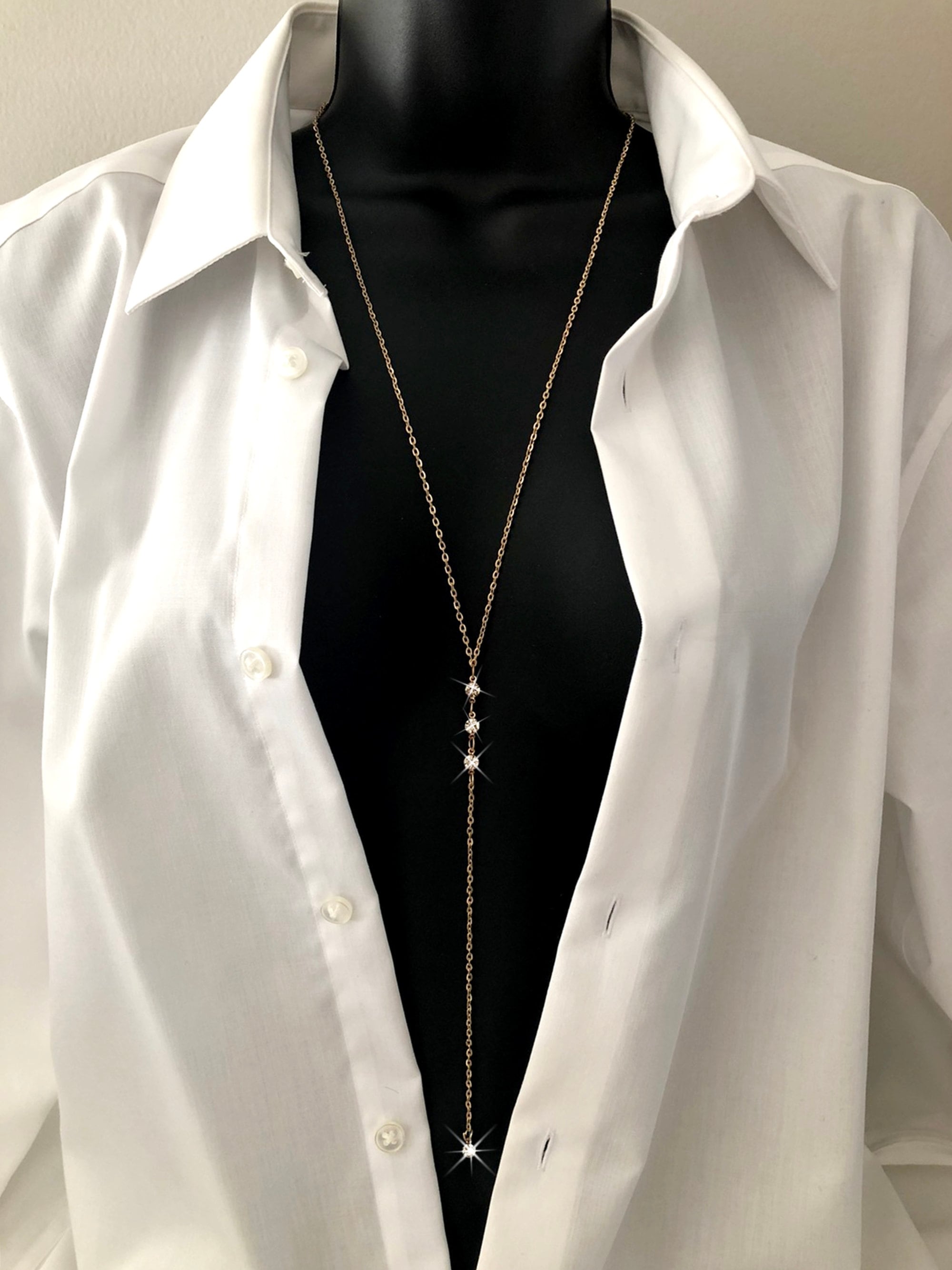 Body Jewelry Chain Fashion Elegant Gold Color Long Backdrop Close Pendants Lariat Tassel Y Chain Gemstones Necklace Reversible Back & Front